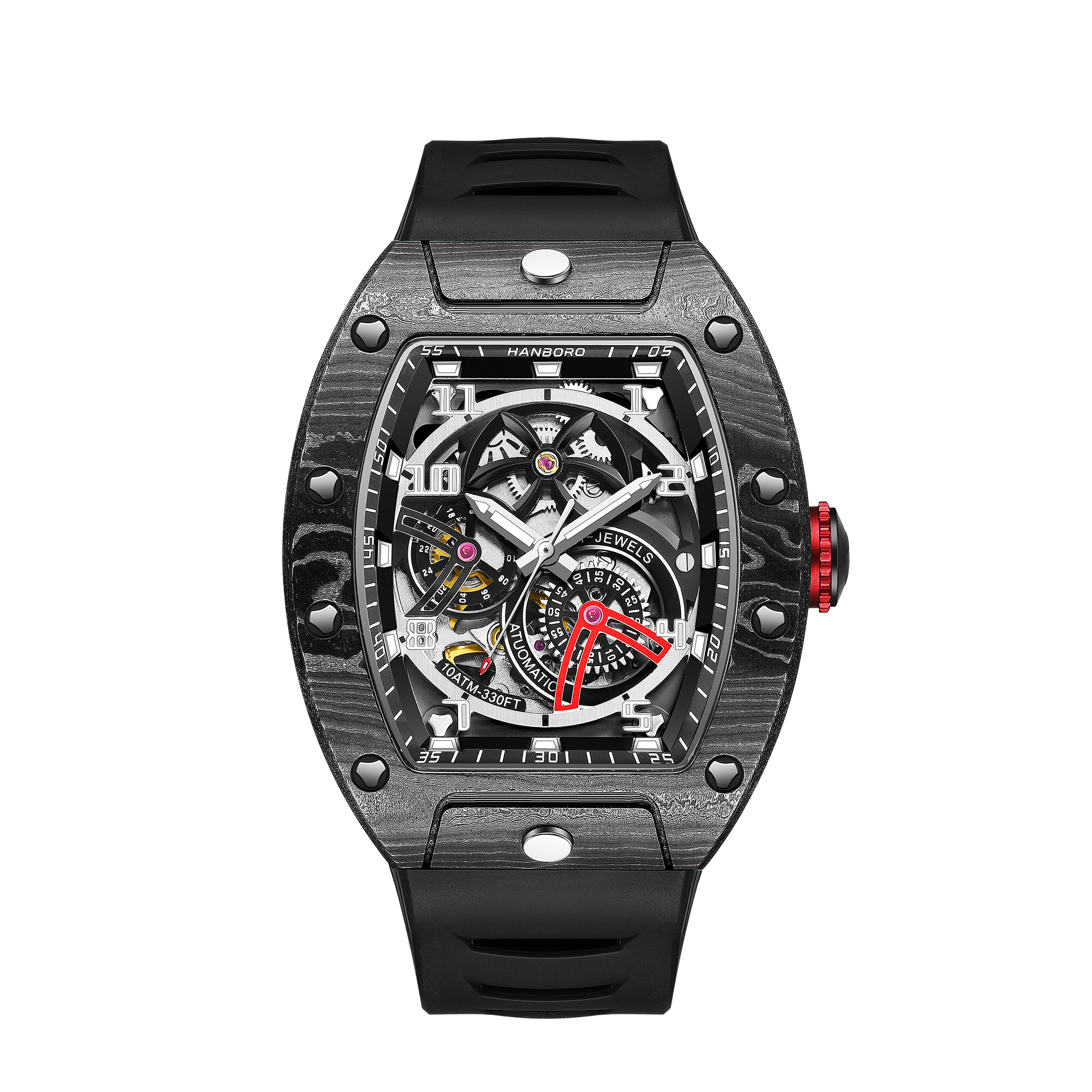 Hanboro CarbonX ChronoTech – Tonneau Skeleton Automatic Watch | Carbon Fiber Edition Hanboro Watches