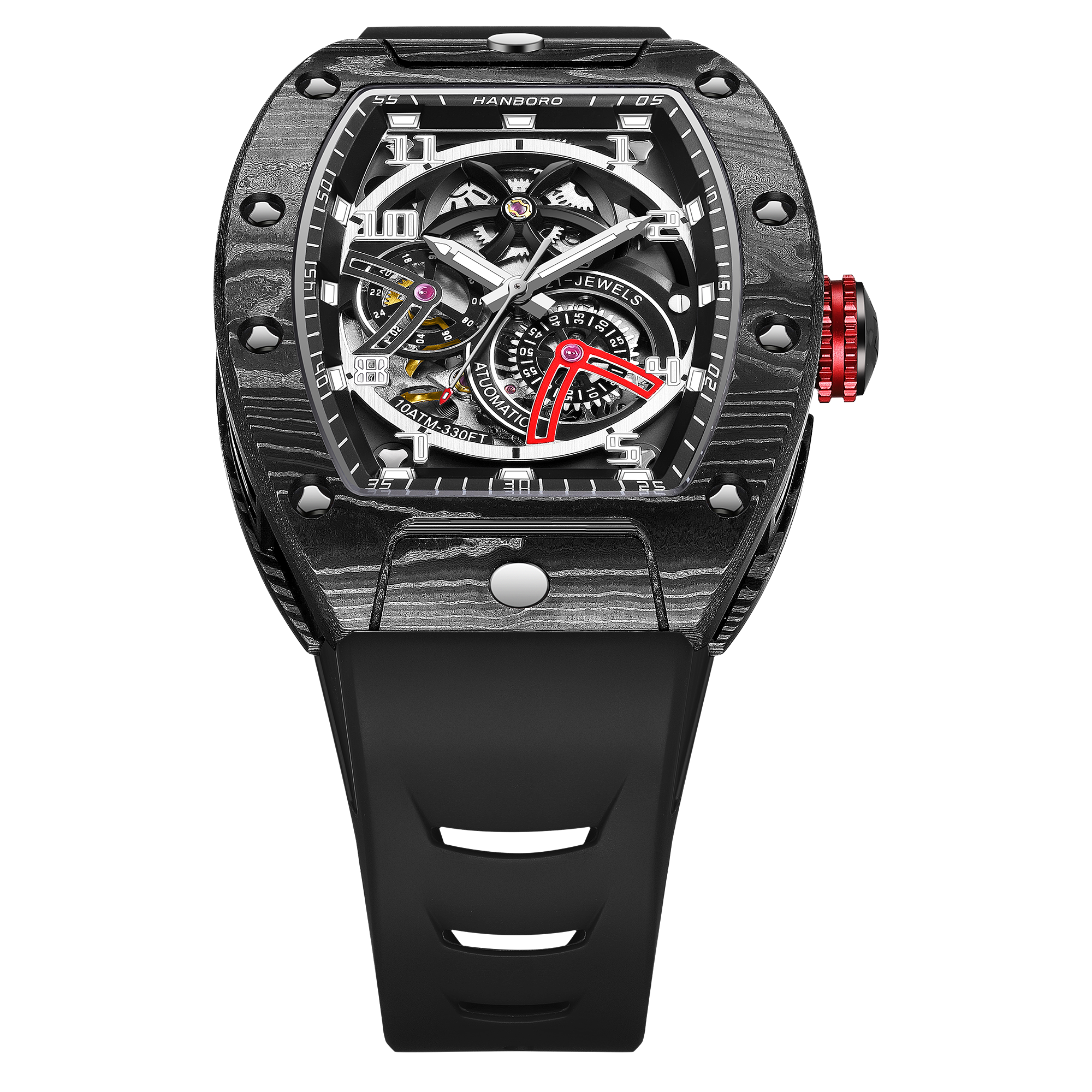 Hanboro CarbonX ChronoTech – Tonneau Skeleton Automatic Watch | Carbon Fiber Edition Hanboro Watches