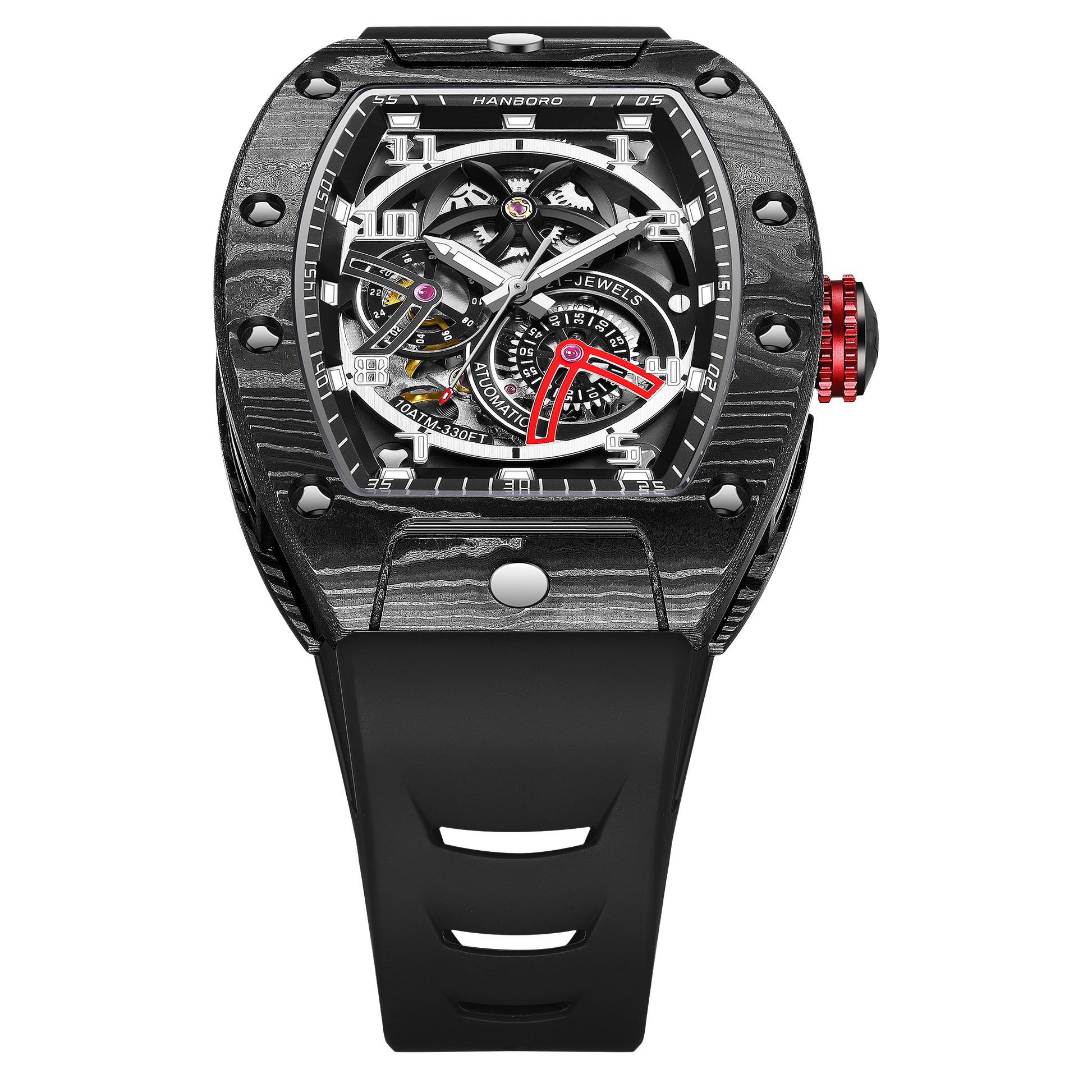 Hanboro CarbonX ChronoTech – Tonneau Skeleton Automatic Watch | Carbon Fiber Edition Hanboro Watches