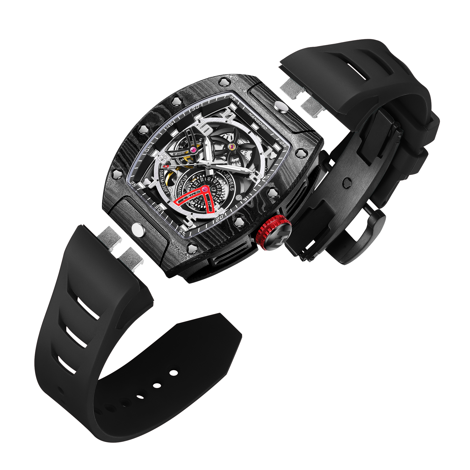 Hanboro CarbonX ChronoTech – Tonneau Skeleton Automatic Watch | Carbon Fiber Edition Hanboro Watches