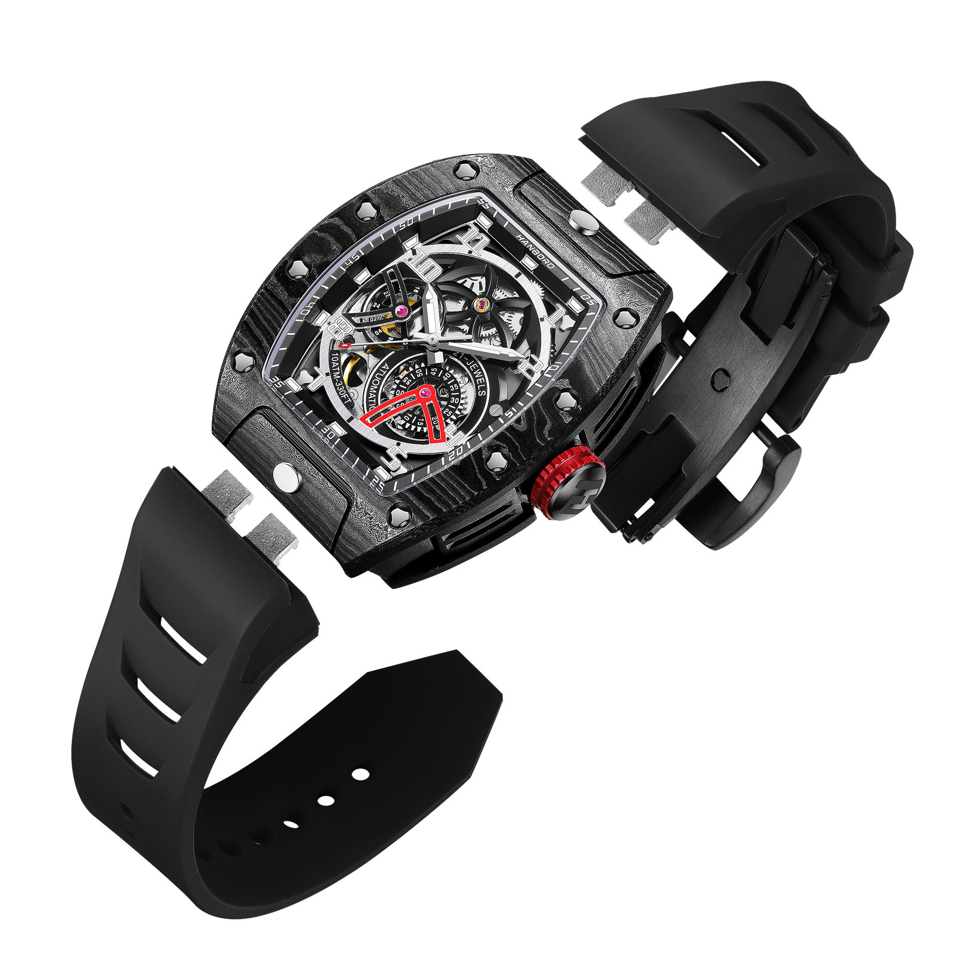 Hanboro CarbonX ChronoTech – Tonneau Skeleton Automatic Watch | Carbon Fiber Edition Hanboro Watches