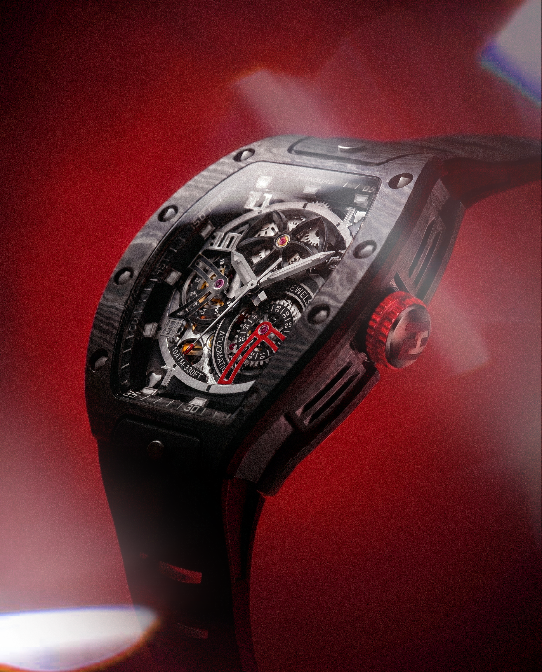 Hanboro CarbonX ChronoTech – Tonneau Skeleton Automatic Watch | Carbon Fiber Edition Hanboro Watches