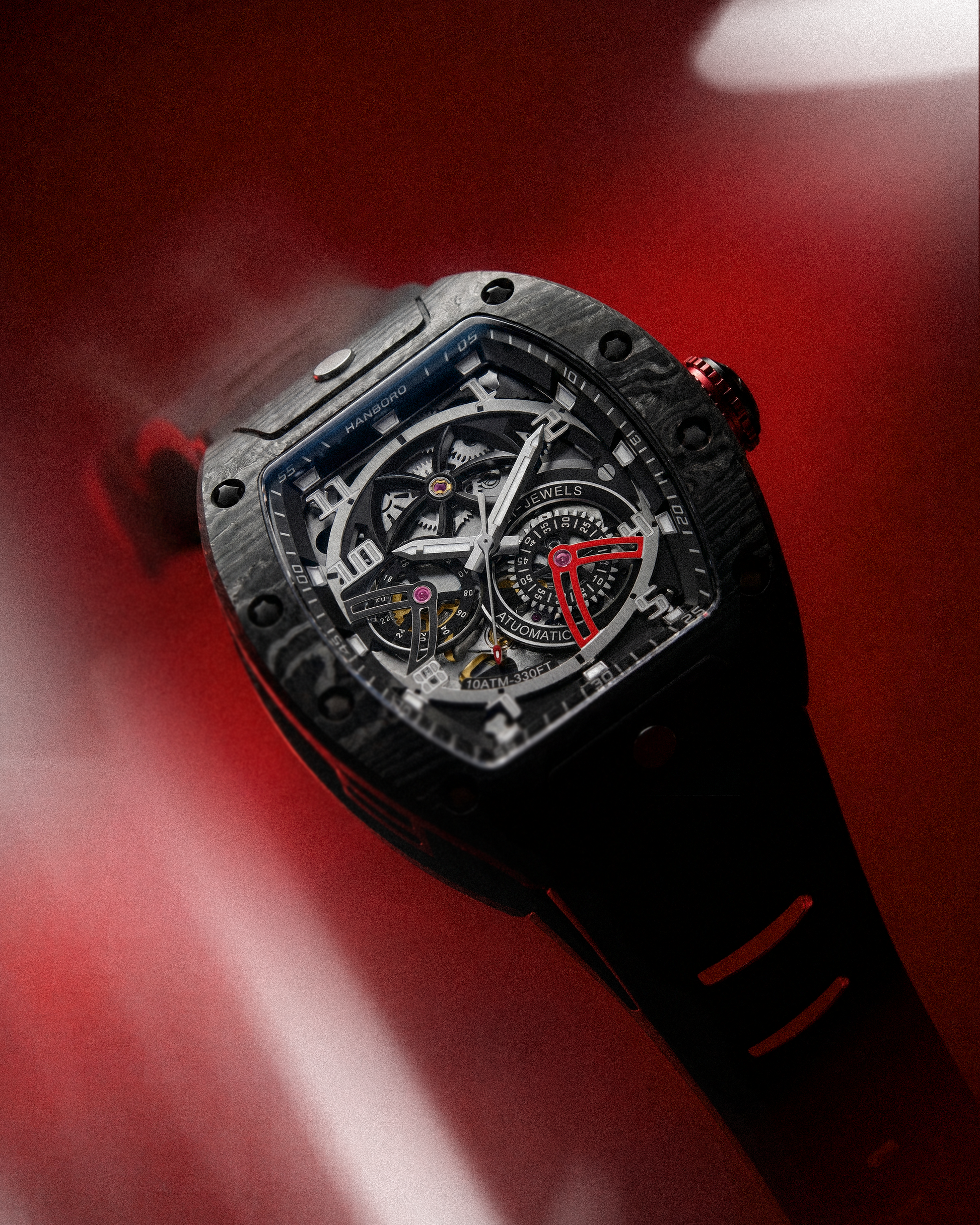 Hanboro CarbonX ChronoTech – Tonneau Skeleton Automatic Watch | Carbon Fiber Edition Hanboro Watches