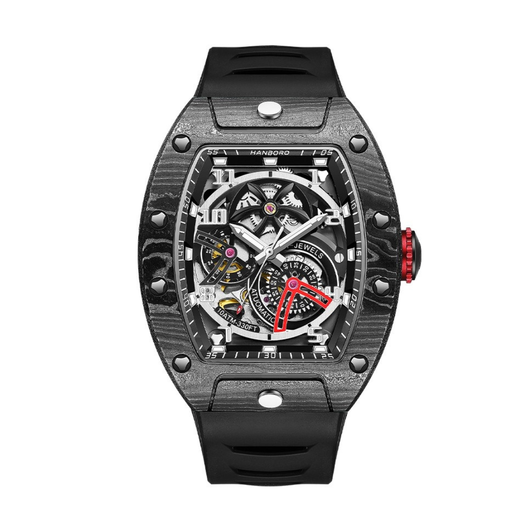 Hanboro CarbonX ChronoTech – Tonneau Skeleton Automatic Watch | Carbon Fiber Edition Hanboro Watches