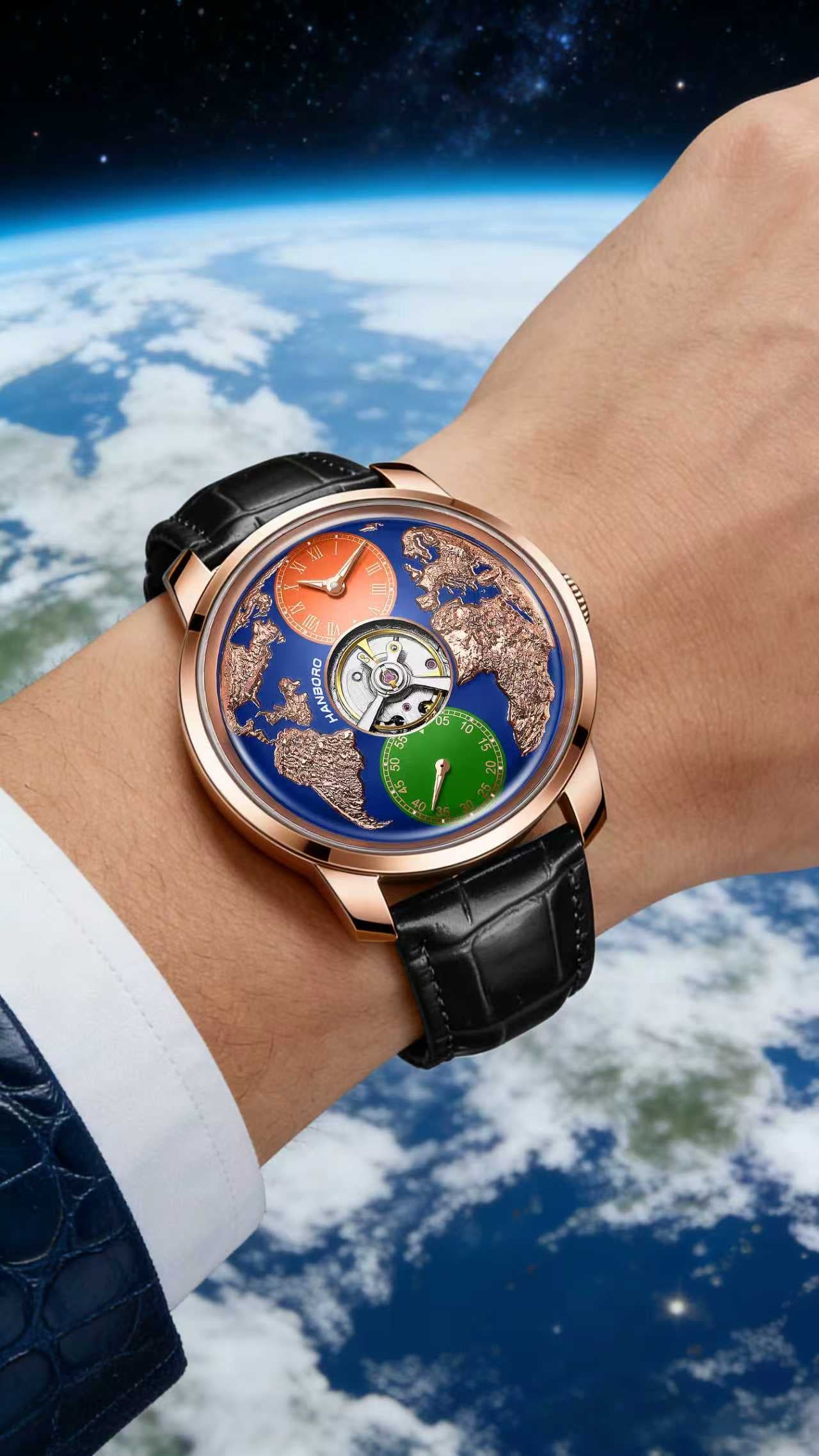 Hanboro WorldMaster–India edition- 3D Globe Carve Automatic Watch | Central Flywheel Edition Hanboro Watches