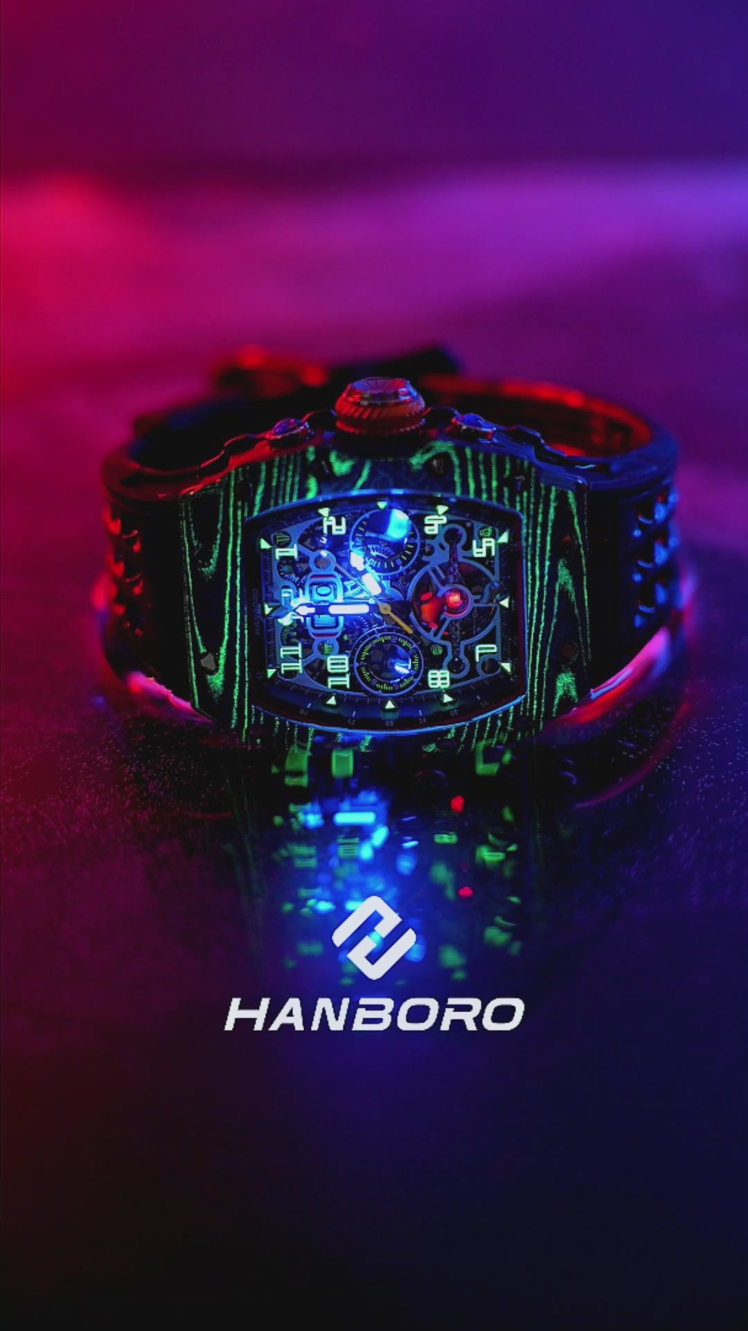 Hanboro CarbonX ChronoTech – Tonneau Skeleton Automatic Watch | Carbon Fiber Edition