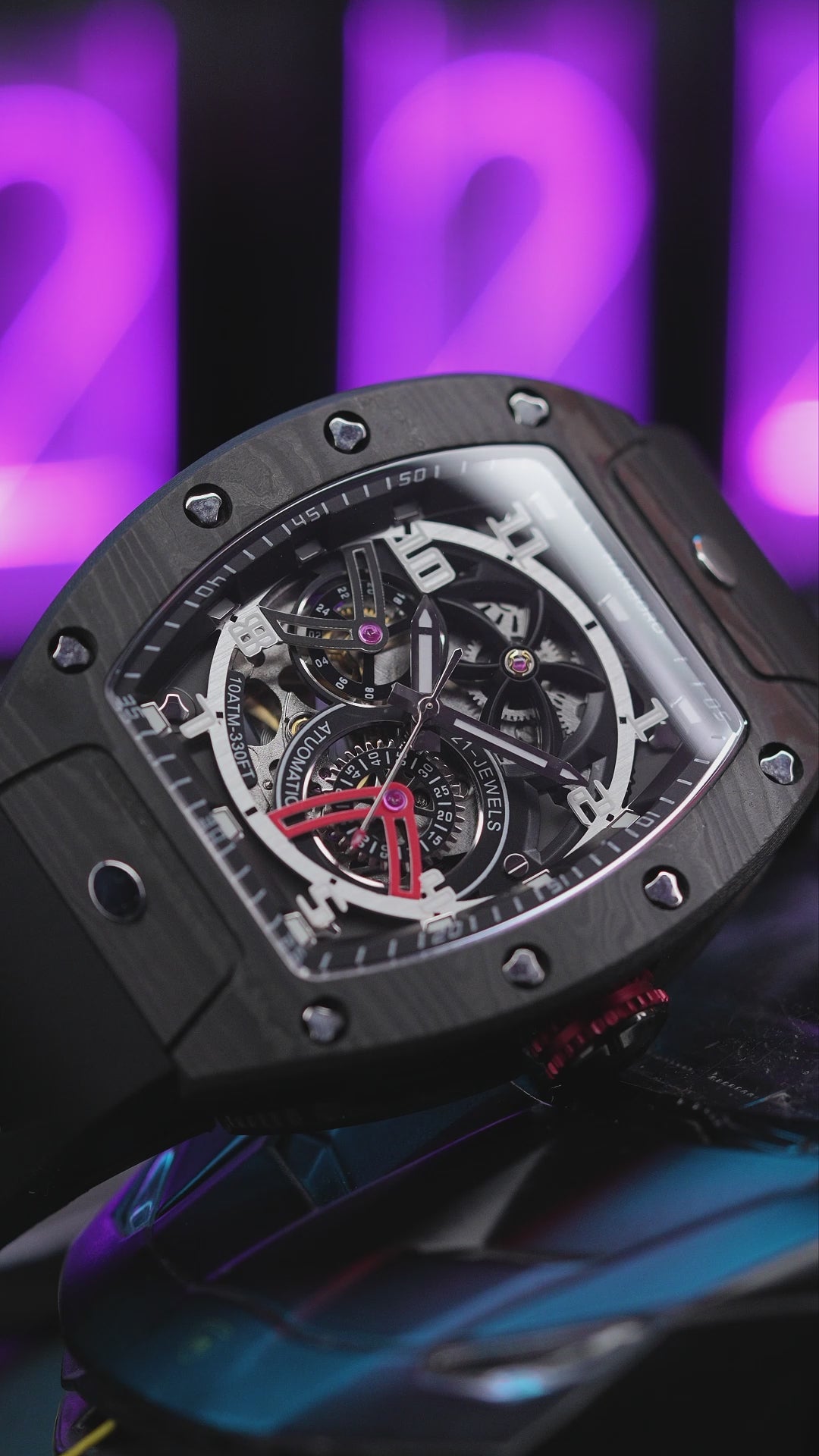 Hanboro CarbonX ChronoTech – Tonneau Skeleton Automatic Watch | Carbon Fiber Edition